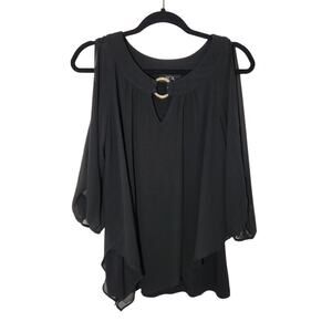 BCX Cold Shoulder Semi Sheer 3/4 Sleeve Blouse Black Classic Feminine Women's M